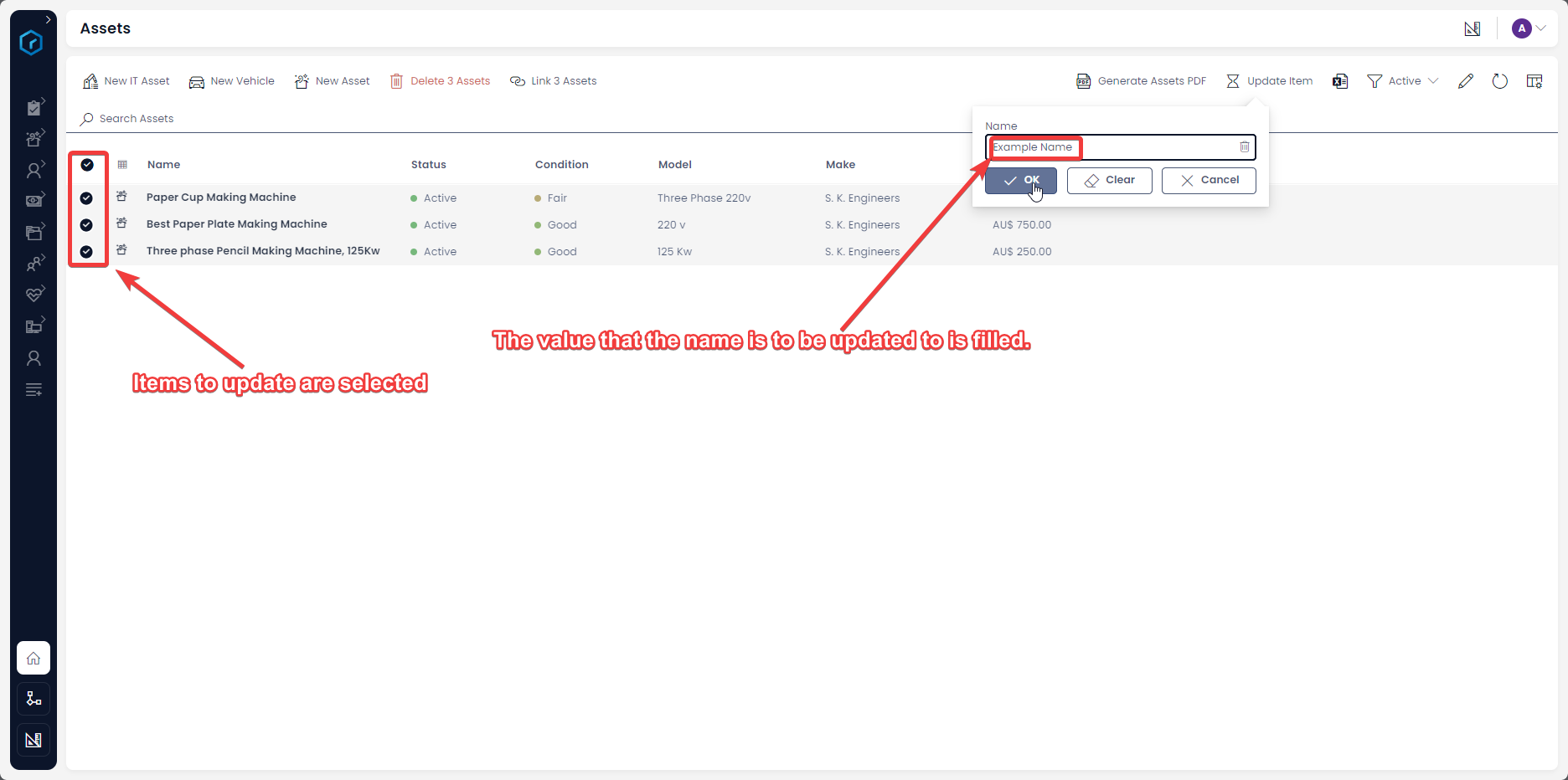 A screenshot demonstrating how multiple items can be selected using a checkbox. Then, a Command Bar button can be pressed. The Adaptive Form that opens only contains a &quot;Name&quot; field, and the user has typed &quot;Example Name&quot; in the field. The mouse hovers over the &quot;OK&quot; button, which will commit the changes.
